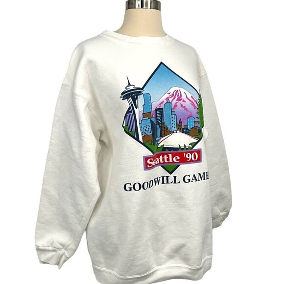 VTG Goodwill Games 1990 Sweatshirt White Pullover Crew Neck Long Sleeve Size L - Picture 3 of 7
